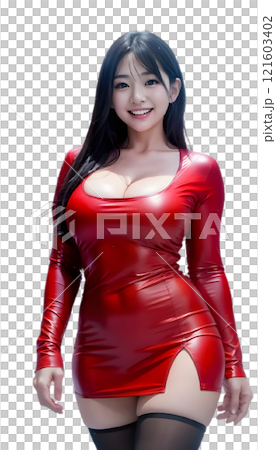 体にフィットした赤いラテックスのドレスでエレガントにポーズをとる女性。ドレスには高いスリット 121603402