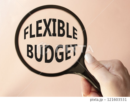 Flexible budget symbol. Concept words Flexible budget on magnifying glass. Beautiful pink background. Businessman hand. Business and Flexible budget concept. Copy space. Flexible budget symbol. Concept words Flexible budget on magnifying glass. Beautiful pink background. Businessman hand. Business and Flexible budget concept. Copy space. 121603531