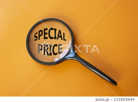 Special Price symbol. Magnifying Glass with Concept word Special Price. Beautiful orange background. Business and Special Price concept. Copy space 121603644