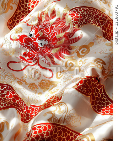Intricate patterns on traditional red and gold fabric featuring dragon design evoke cultural richness and artistry. , Lunar New Year Intricate patterns on traditional red and gold fabric featuring dragon design evoke cultural richness and artistry. , Lunar New Year 121603791