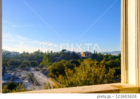 Ancient Agora of Athens with the Temple of Hephaestus in the background viewed from Stoa of Attalos, Athens, Greece Ancient Agora of Athens with the Temple of Hephaestus in the background viewed from Stoa of Attalos, Athens, Greece 121603828