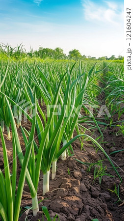 In the plantation fields, green onions thrive in dense, lush clusters, their crisp, green foliage thriving under optimal growing conditions, ideal for both cooking and garnishing 121604247