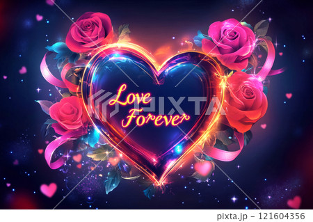 A Valentine's Day card design featuring a heart motif surrounded by ribbons and roses, with glowing text reading "Love Forever" creating a romantic and elegant greeting 121604356