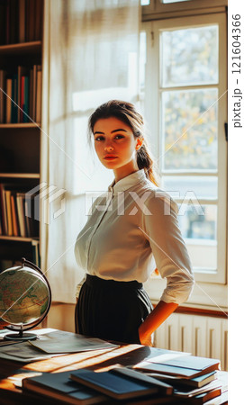 Poised female teacher standing near a desk adorned with a globe and books, set against the backdrop of a chalkboard, creating a structured and inspiring learning environment 121604366