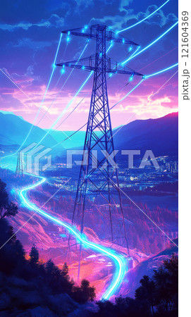 A dynamic digital depiction of high-energy electric lines with blue sparks, stretching across a vibrant mountainous scene, merging surreal illumination with natural terrain A dynamic digital depiction of high-energy electric lines with blue sparks, stretching across a vibrant mountainous scene, merging surreal illumination with natural terrain 121604369