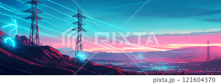 Electric pylons in digital art style, with vivid glowing lines and arcing blue sparks spanning a mountainous backdrop, evoking a charged and imaginative energy, banner Electric pylons in digital art style, with vivid glowing lines and arcing blue sparks spanning a mountainous backdrop, evoking a charged and imaginative energy, banner 121604370