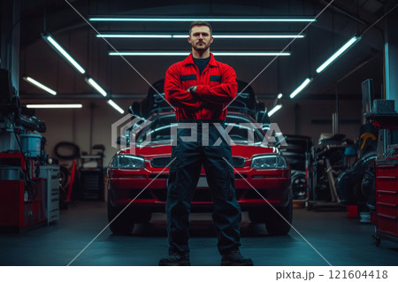 A male car mechanic stands confidently beside a car hood in a sleek, modern garage, surrounded by advanced tools, showcasing professionalism and skill 121604418