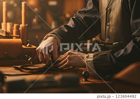 Master tanner in his leather workshop working on a leather wallet 121604492