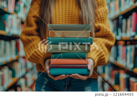 A girl in the library holds a stack of books in front of her 121604493