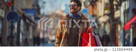 Happy joyful man with shopping bags in his hands 121604494