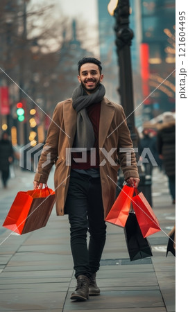 Happy joyful man with shopping bags in his hands 121604495