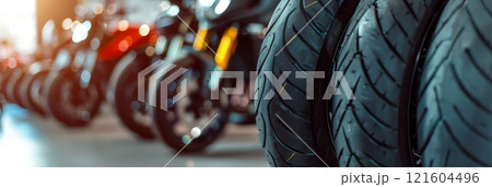 Stack of tires on background of motorcycles 121604496
