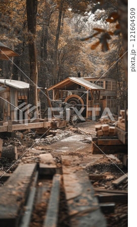 Sawmill, sawmill buildings with equipment with logs in the forest 121604509