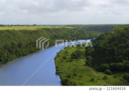 Beautiful view from Altos de Chavon of the river Chavon and forest around Beautiful view from Altos de Chavon of the river Chavon and forest around 121604816