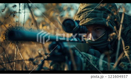 Sniper in ambush. Portrait of modern soldier with rifle looking through scope 121604937