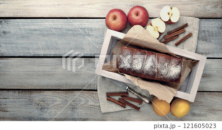 Sweet Autumn Treats: Apple Pie and Pastries on Display for a Cozy Tea Party and Autumn-Inspired Gathering. Flat lay. 121605023