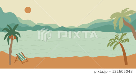 Retro beach landscape with palm trees background. Vector summer tropical banner 121605048