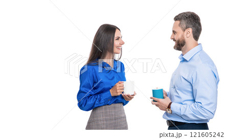 Colleagues having business corporate meeting at coffee break in office for businesspeople isolated on white 121605242