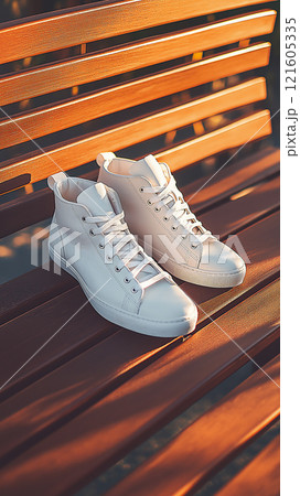 Stylish white high-top sneakers placed on a wooden bench in warm afternoon sunlight 121605335