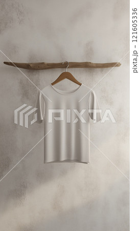 Mockup of a simple white t-shirt hanging on a rustic wooden rod against a textured wall 121605336