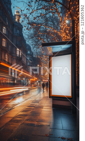 Blank poster mockup on a busy street decorated with lights during twilight 121605362