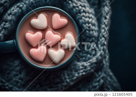 Warm hot chocolate with heart-shaped marshmallows on a cozy knit blanket 121605405
