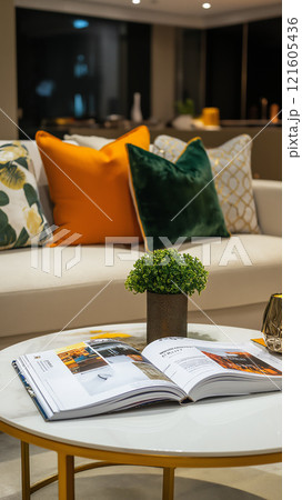 Open magazine on a coffee table in a modern living room with decorative cushions 121605436