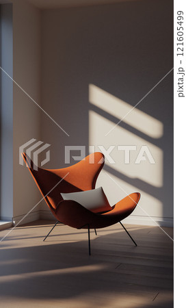 Modern chair positioned in a bright interior with natural light illuminating its design 121605499
