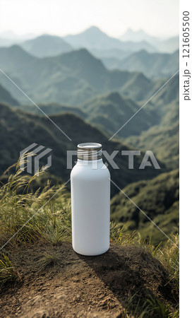 Mockup of a plain water bottle set against a stunning mountainous landscape during the day 121605500