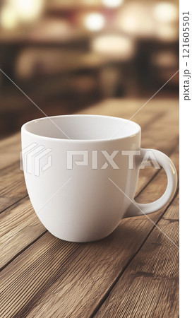 Clean white coffee cup on rustic wooden table with warm ambiance in a cafe setting 121605501