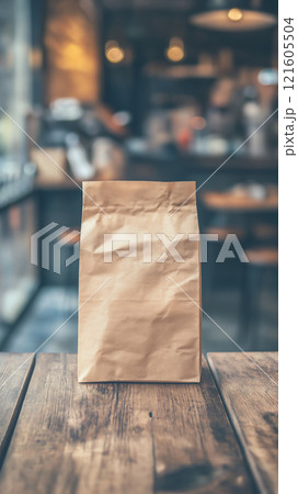 Blank paper bag mockup on wooden table in a cafe environment with blurred background 121605504