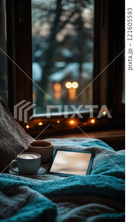 Cozy tablet mockup on a blanket with coffee in a softly lit room during twilight Cozy tablet mockup on a blanket with coffee in a softly lit room during twilight 121605593