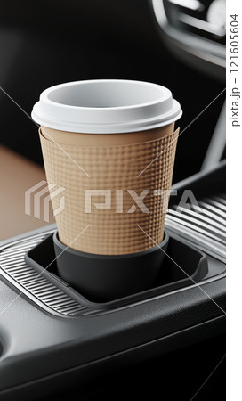 Reusable coffee cup in car cup holder during a morning commute 121605604