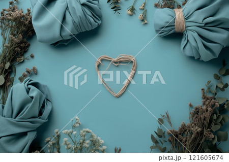 Flat lay of wrapped fabric and natural elements against a blue background showcasing creativity 121605674