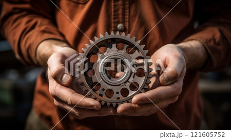 Skillful factory worker holds machine part in workshop. Industry and engineering technology concept. Neural network ai generated 121605752