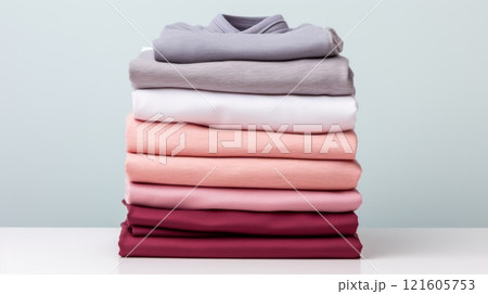 Stack of perfectly folded clothing items. Pile of different cold color shirts, sweaters and pants on the table. Neural network ai generated 121605753