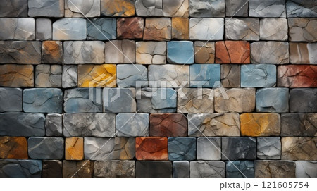Decorative old stone wall texture close up. Neural network ai generated 121605754