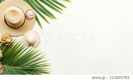 Touristic beach hat, tropical leaf and underwater sea props on light background. Neural network ai generated 121605762