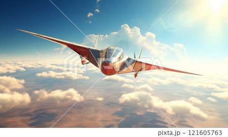 New and clean airplane float in cloudy sky. Neural network ai generated 121605763