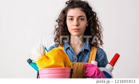 Young woman cleaning on a white background. ai generated image 121605913