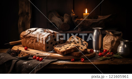 Barmbrack or bairin breac a traditional Irish fruit loaf made with sultanas and raisins. Neural network ai generated 121605961
