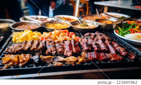 Korean bbq street food on grill close up. Neural network ai generated 121605962