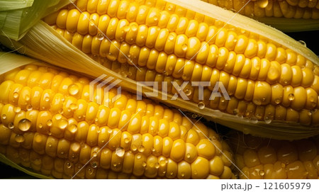 Pile of fresh corns with glistening droplets of water. Advertising photography. Neural network ai generated 121605979