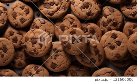 Chocolate chip cookies with melting chocolate, top shot on brown paper. Neural network ai generated 121606006