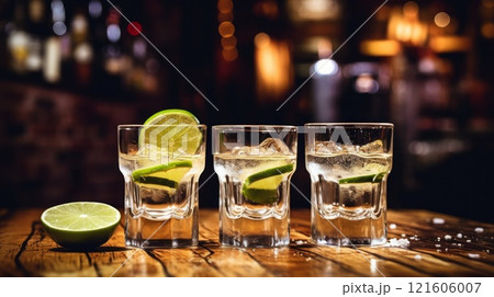 Gold tequila shot with lime fruits on black background. Neural network ai generated 121606007