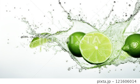 Splash of water and few green limes on white background. Neural network ai generated 121606014