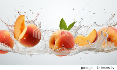 Splash of water and few orange peaches on white background. Neural network ai generated Splash of water and few orange peaches on white background. Neural network ai generated 121606015