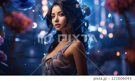 Asian woman portrait lit up by neon illuminated mirrors at night. Neural network ai generated 121606043