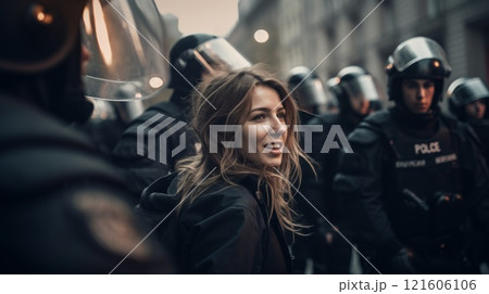 Police subduing two protesters during strike. Neural network ai generated 121606106