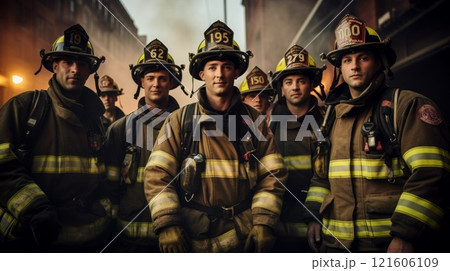 Firefighters portrait with people in special uniform. Neural network ai generated 121606109